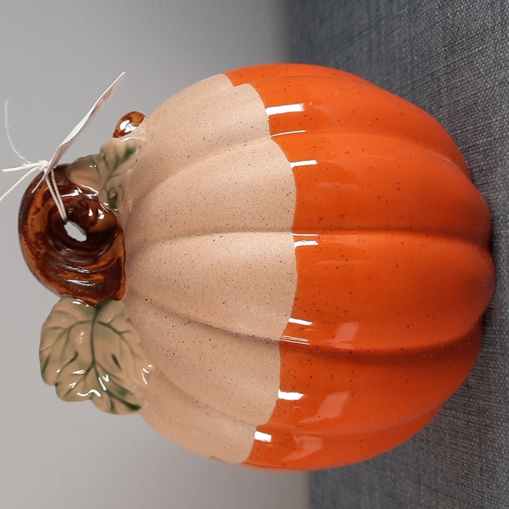 Ceramic Pumpkin Figure Tabletop Decor Fall Harvest Half Glazed Orange Na…